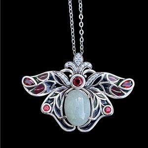 Sterling Jade and Garnet Pendant Necklace